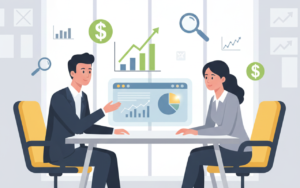 Conceptual illustration of a business consultant and client discussing consulting pricing strategies with charts, graphs, and dollar signs floating around