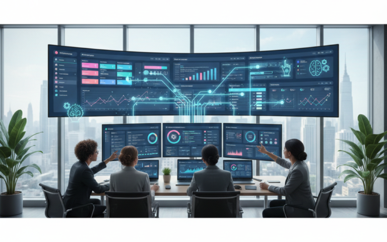 Illustration of a Vendor Ecosystem Scorecard for SMBs in 2026, showing connected software tools, seamless data flow, API integration, and automated business workflows