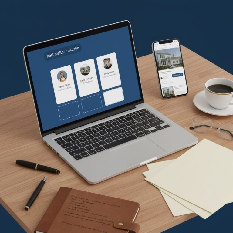 Realtor desk overhead view showing AI chat with three competitor agent cards and an empty fourth slot, with a faded phone displaying an agent website tagged invisible to AI